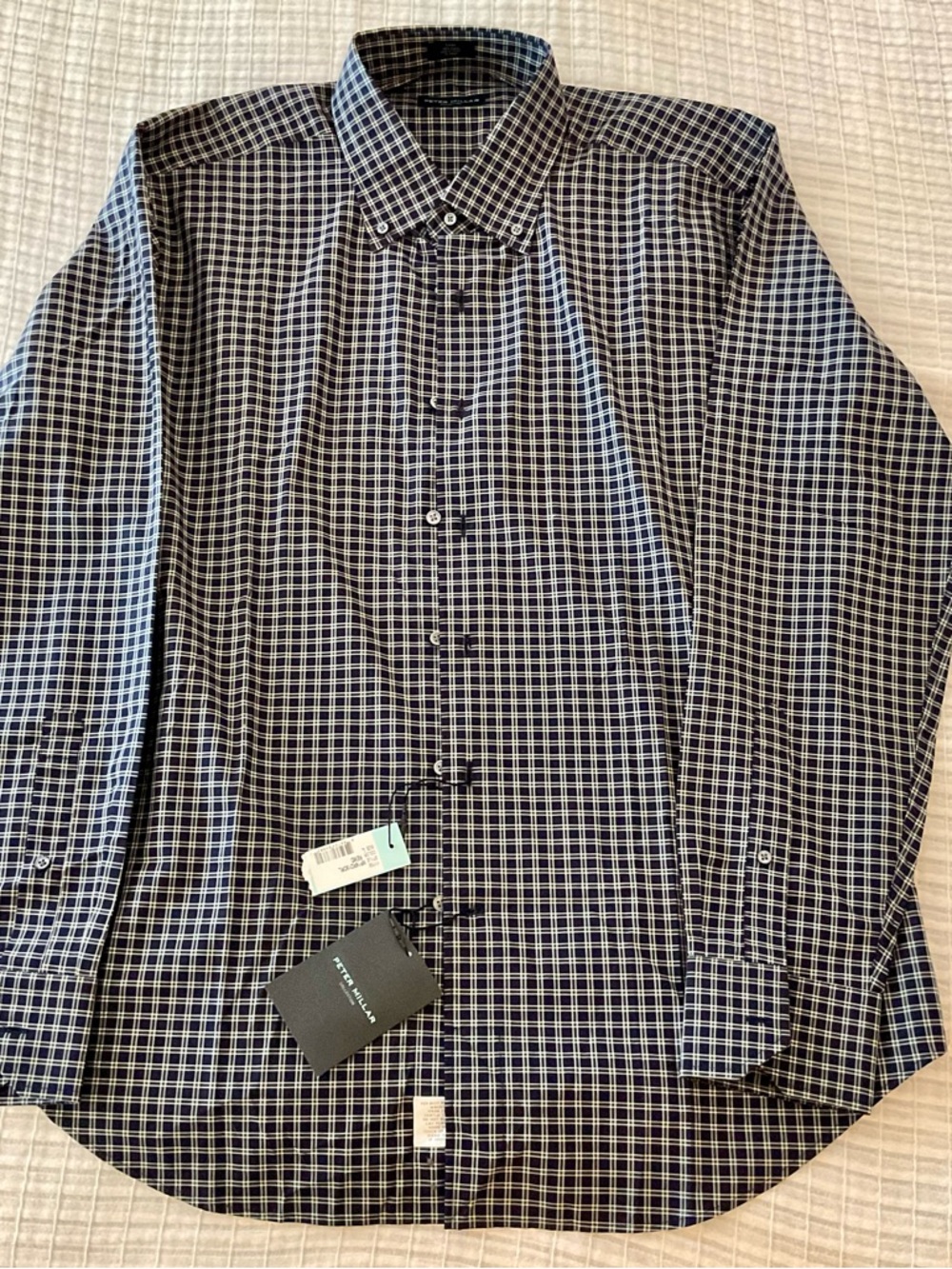 Peter Millar Collection Navy, green and White Checked Button-Down Dress Shirt